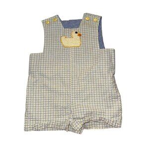 Kracker Jack Kids 9 Mo Baby Romper Yellow & Blue Plaid Duck Embroidery 100% Cott